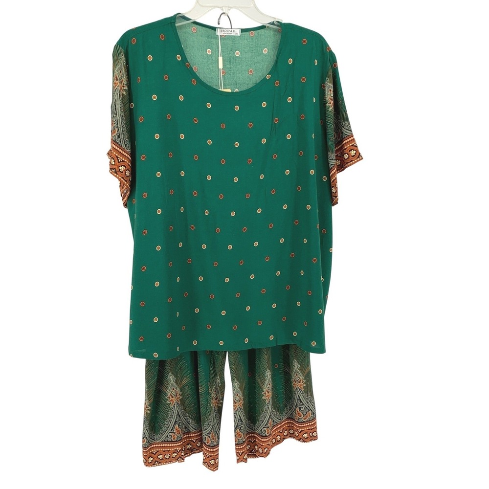 Ekouaer Set Womens 2XL Green Boho Paisley Rayon Loungewear 2pc NWT